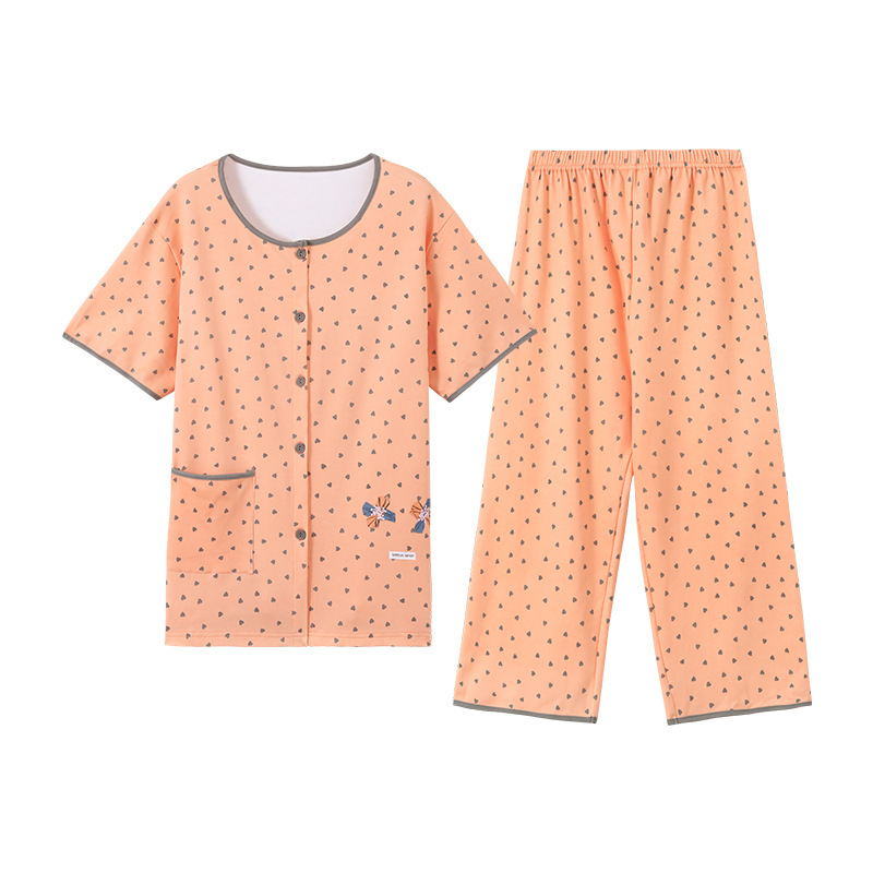 2025 新しいスタイルの女性のための胸パッド付きパジャマ夏半袖クロップドパンツ 2 点セットラウンドネックカーディガンチェック柄ホーム服|undefined