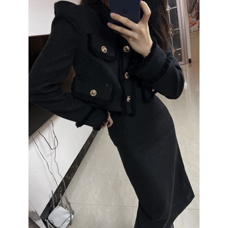 小香风套装裙两件套女秋冬气质名媛短款西装外套女显瘦开叉长裙子|undefined