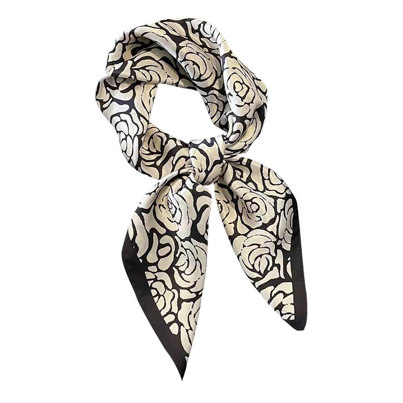 Accesorio de pañuelo cuadrado pequeño de 70 cm, versátil para primavera y otoño, con diseño de camelias en blanco y negro, pañuelo para el cuello para mujer, pañuelo de seda estampado al por mayor.
