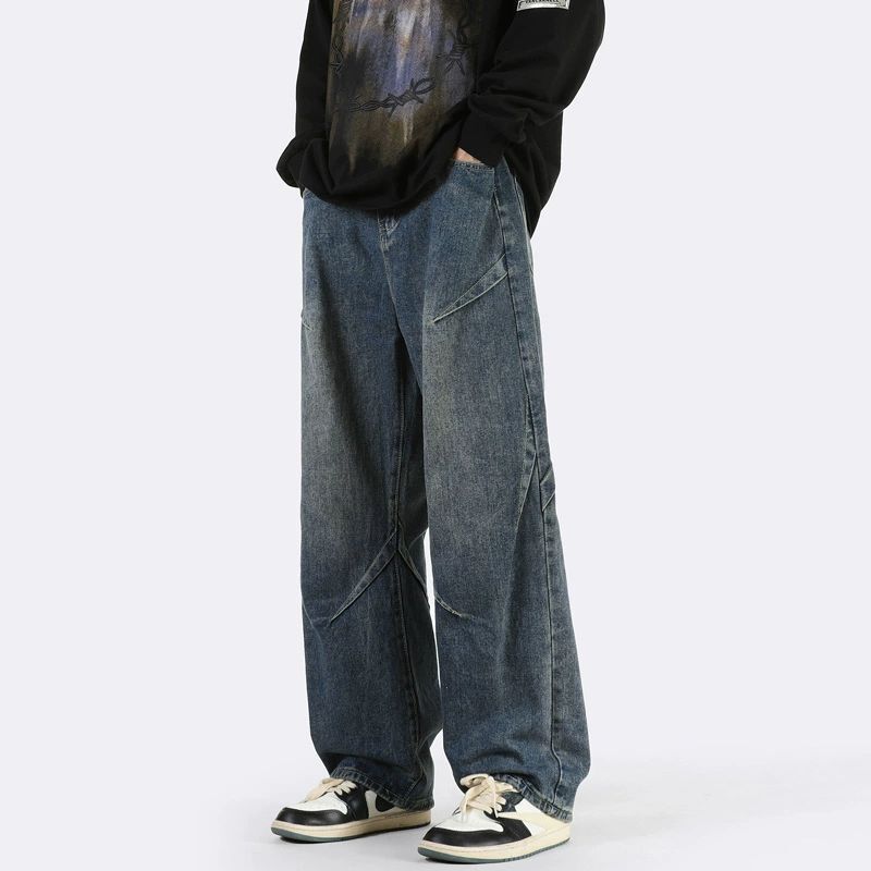 Stitching Jeans Men's Autumn and Winter Wide Leg Dagging Loose Straight Pants Niche Design High-grade American High Street