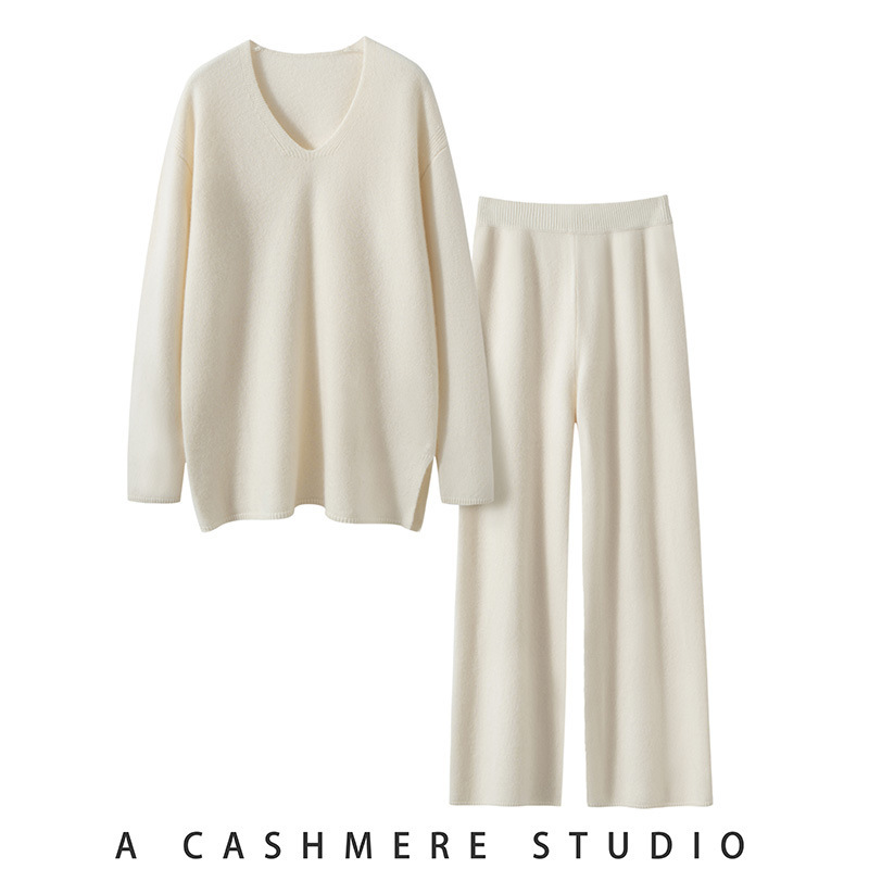 Autumn and Winter Cashmere Suit Women's V Neck Open Side Slit Sweater Knitted Cashmere Sweater Wide Leg Pants Fashionable Two-Piece Loose Set