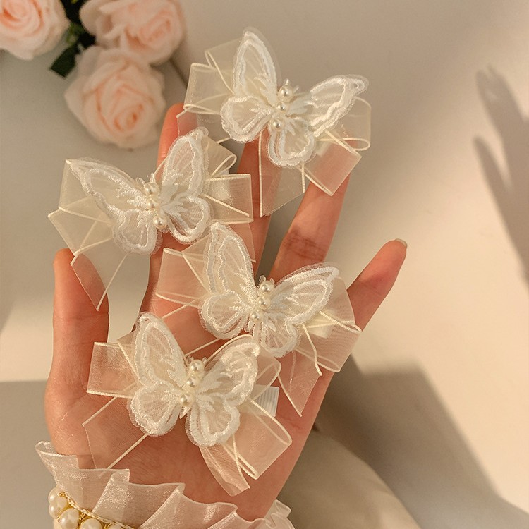 超仙白色网纱蝴蝶珍珠发夹女森系仙美蝴蝶结小号发卡侧边编发头饰