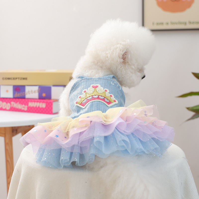 宠物圈厂家批发狗狗猫猫服装服饰刺绣牛仔蓬蓬裙新款彩虹皇冠纱裙|undefined