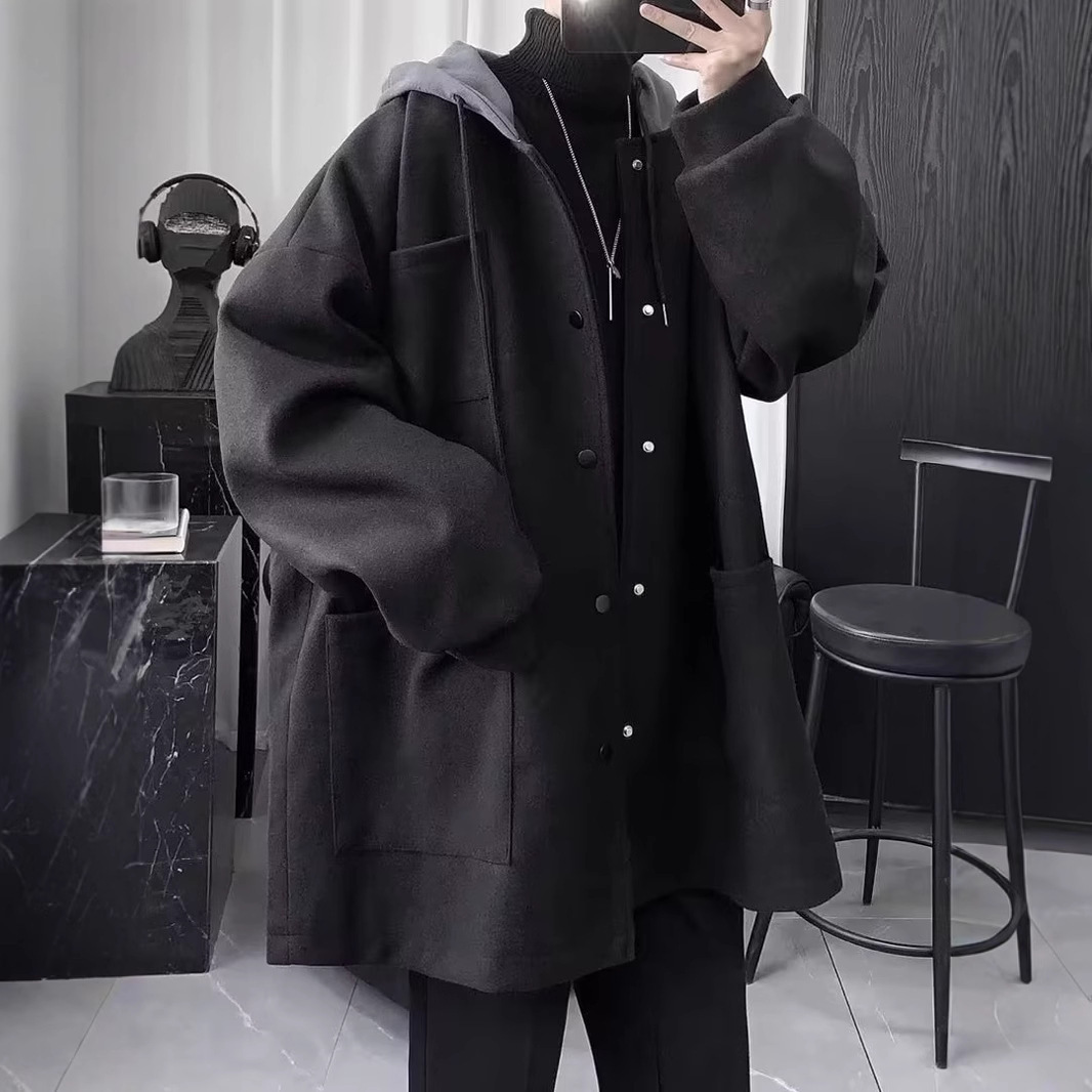 2026 New Autumn and Winter Woolen Coat Men's Loose New Hooded Jacket Men's Winter High-End Jacket