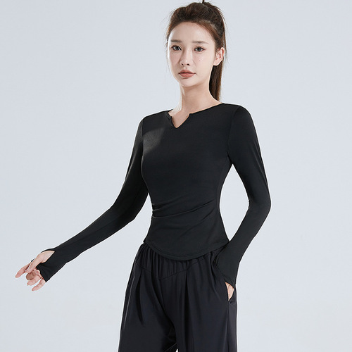 V-neck long-sleeved T-shirt quick-drying nude seamless yoga wear pleated waist slimming tight sports fitness top for women
