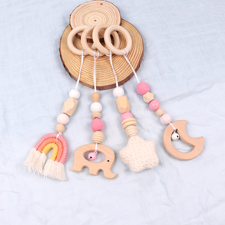 Customized Kidsren's Fitness Rack Pendant Kidsren's Room Decoration Pendant Cotton Thread Rainbow Star Wooden Moon Elephant Four Pieces