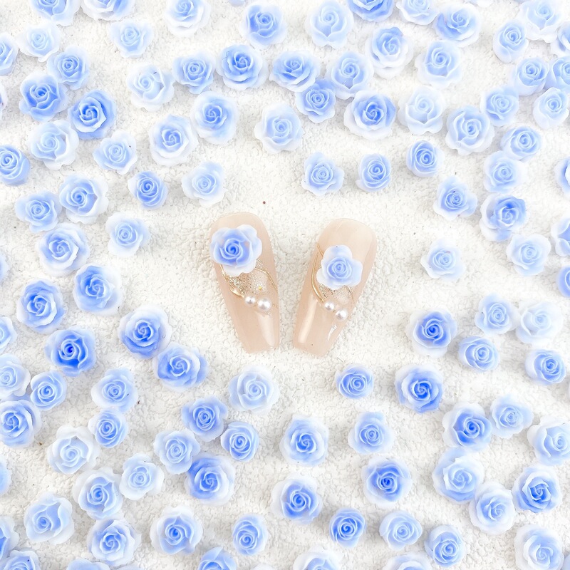 Blue Flower Bud Nail Art Jewelry Ins Style Vintage Dye Rose Camellia Flower Resin Artificial Flower Nail Accessories