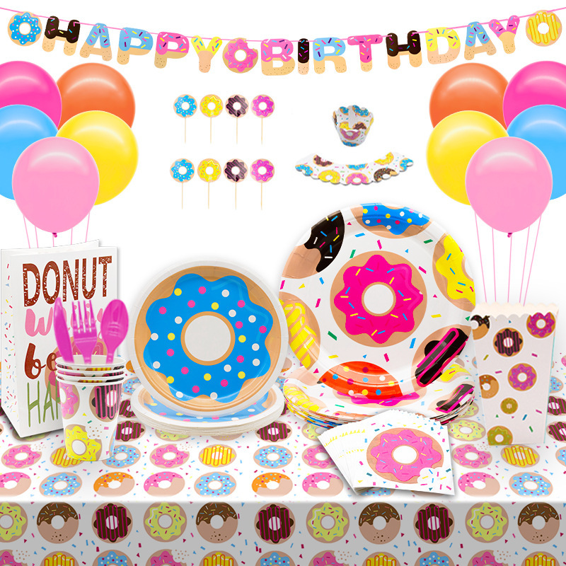 Donut Party Tableware Theme Disposable Paper Plate Set Children's Birthday Flag Tablecloth Party Decoration Supplies