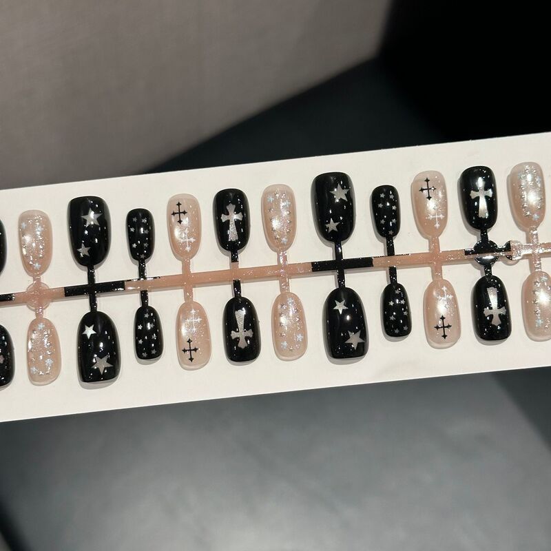 Dark Gothic Cross Cat Eye Press-On Nails Pre-made Nails Gothic Cartoon French Short Style False Nails Wholesale