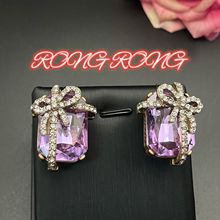 中古耳夹感无耳洞轻奢甜美梦幻紫色水晶方钻锆石蝴蝶结耳饰