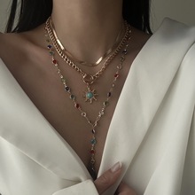 欧美跨境饰品 太阳花彩色水晶链项链 甜美风流苏合金多层锁骨链