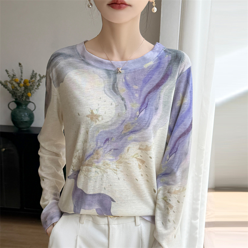 Purple Deer Ink Wash Pattern Long-Sleeve Lightweight Fashionable Women's Round-Neck Knit Sun Protection Cover-Up Shirt Wholesale Purple Deer Ink Wash Pattern Long-Sleeve Lightweight Fashionable Women's Round-Neck Knit Sun Protection Cover-Up Shirt Wholesale