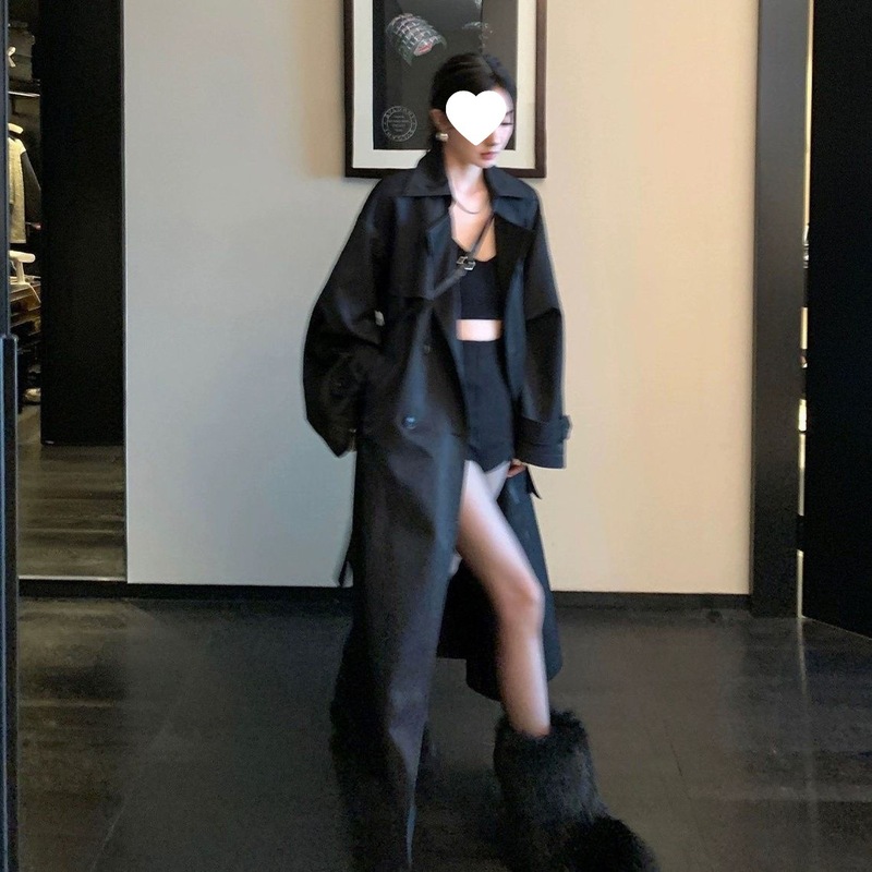 2025黑色风衣外套女时尚春秋新款宽松长款英伦风大衣长款加长版|undefined