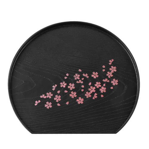 日本进口日式樱花纹托盘长方形圆形塑料仿木纹茶盘茶杯盘果盘黑色