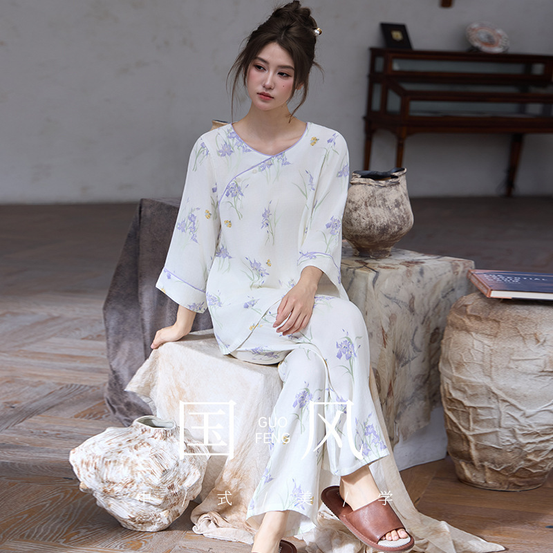 신중식 대나무 솜 잠옷 여성 봄, 여름 얇은 대나무 섬유 9부 소매 가정복 세트 여름 국풍 외입 가능