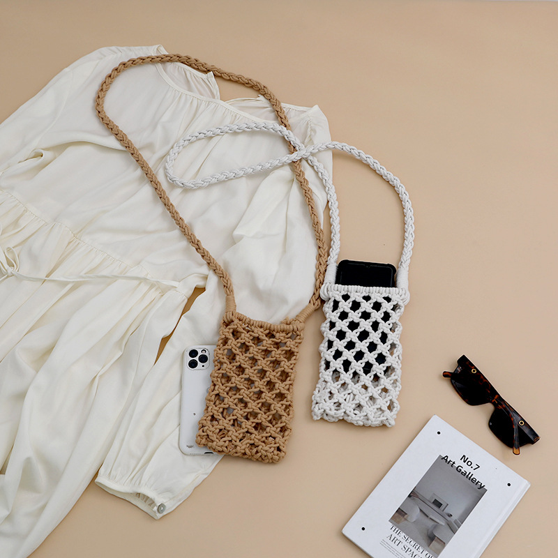 Korean One-Shoulder Crossbody Knitted Ins-Style Bag for Women, Hollowed-Out Handmade Holiday Mesh Net Phone Pouch, Mini Bag