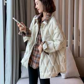 新款韩版时尚菱格轻薄衬衫羽绒服女中长款超轻保暖外套冬A261