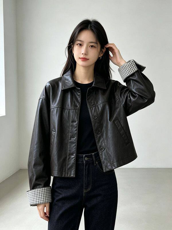 Áo khoác da PU nữ dáng ngắn cổ bẻ, phong cách Hàn Quốc, thời trang casual, dáng rộng, dễ phối đồ, retro, mùa thu — Màu nâu cà phê, màu đen chi tiết 14