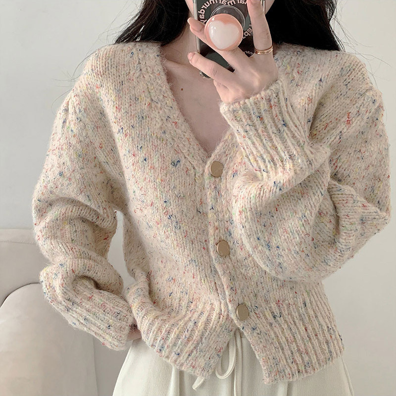 Mixed Colorful Dot V Neck Knitted Cardigan for Women Korean Ins Energetic Girly Top Autum New Outer Wear