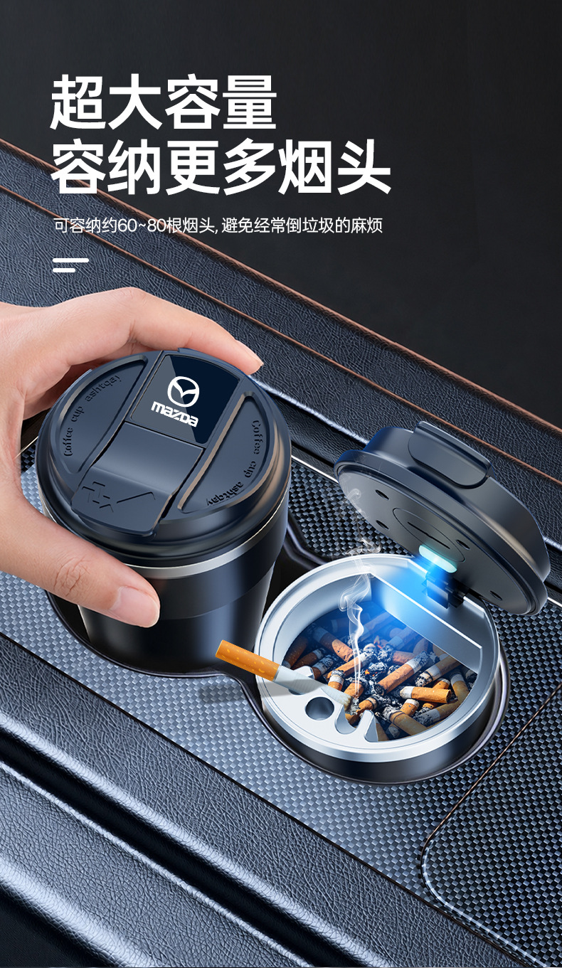 Car ashtray with flame-retardant ceramic liner, anti-ash scattering, with lid and light, for vehicle use