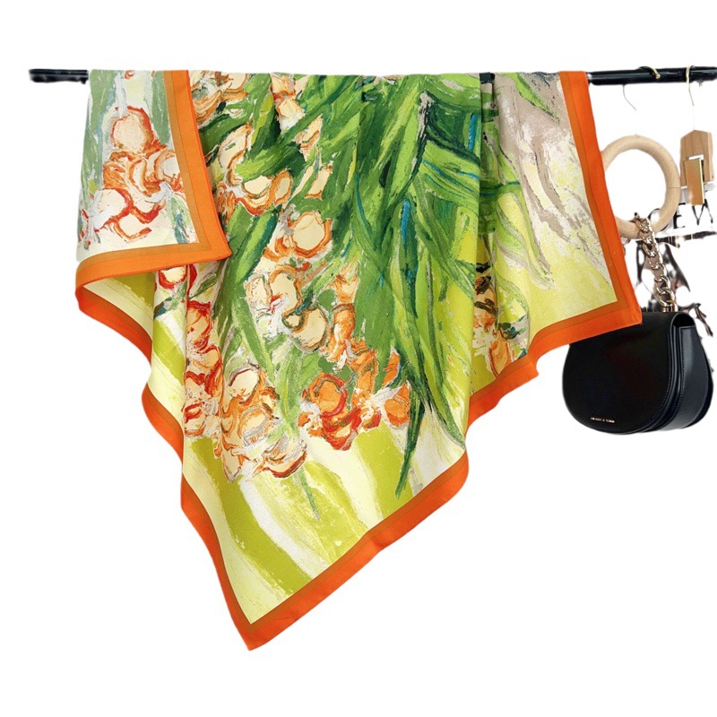 90 bufanda cuadrada grande de seda artificial de las mujeres de estilo coreano de moda pintura al óleo bufanda de seda azul y verde bufanda exterior de protección solar decorativa