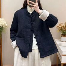 冬季新品国风提花棉麻拼接加厚棉服女装复古盘扣宽松保暖棉衣外套