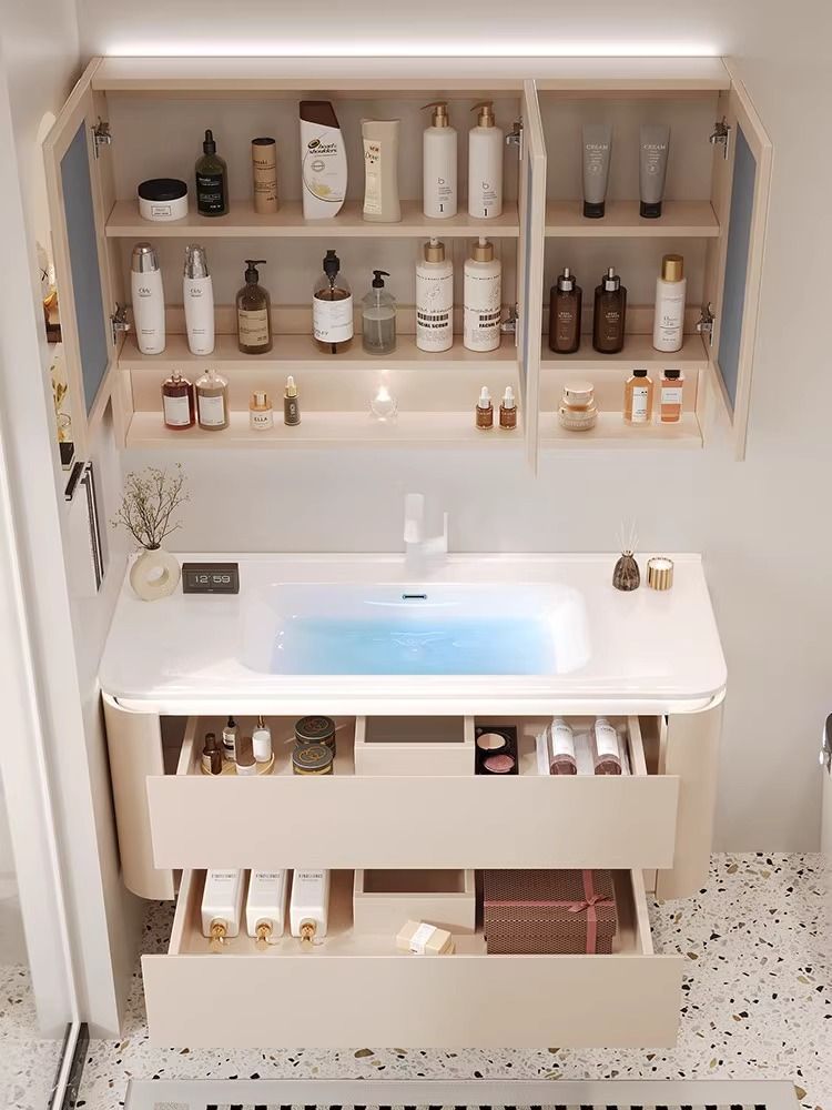 Cerámica integrada cuenca crema estilo baño gabinete combinación simple lavado de manos lavabo baño lado gabinete