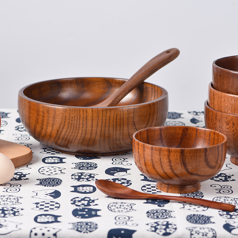Fabricante en stock japonés hogar natural madera entera adultos niños tazón de fideos instantáneos arroz tazón amargo Jujube tazón de madera vajilla al por mayor