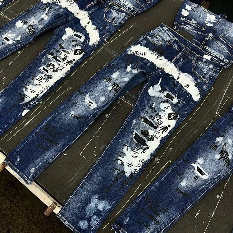 Ripped Version with Patches, Guangzhou Graffiti D2 New Style Jeans, Unique Personality Splash Ink Slim Fit Skinny Pants, Stretchy