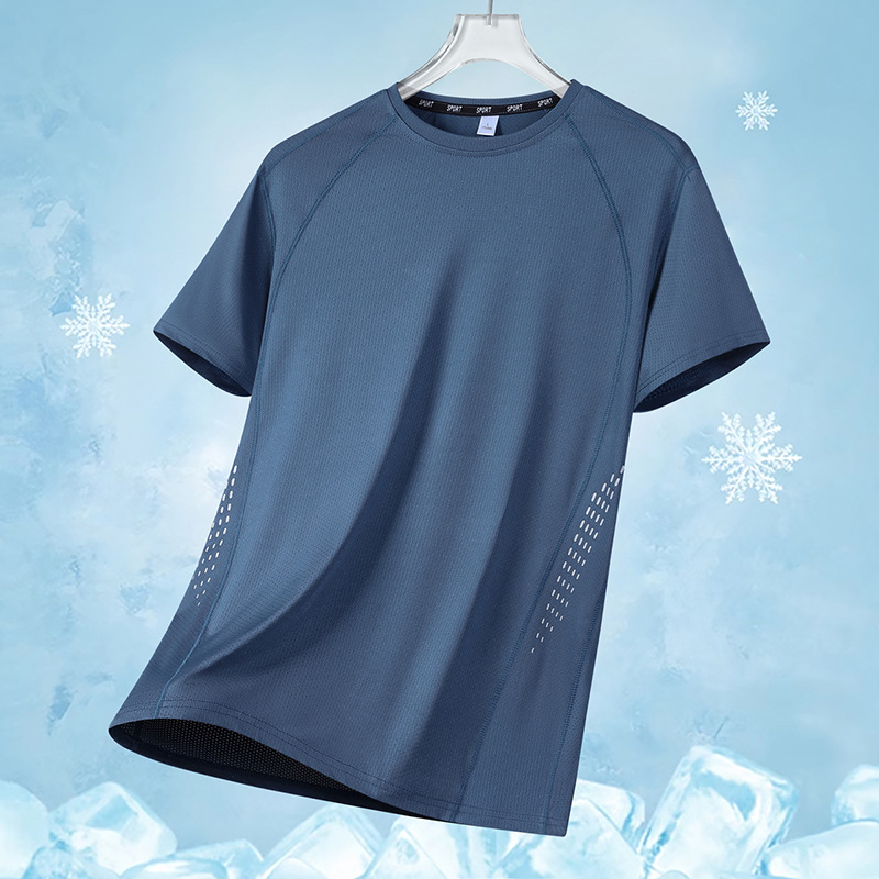 Camiseta de manga corta de secado rápido de seda de hielo de cuatro agujas y seis líneas para hombre