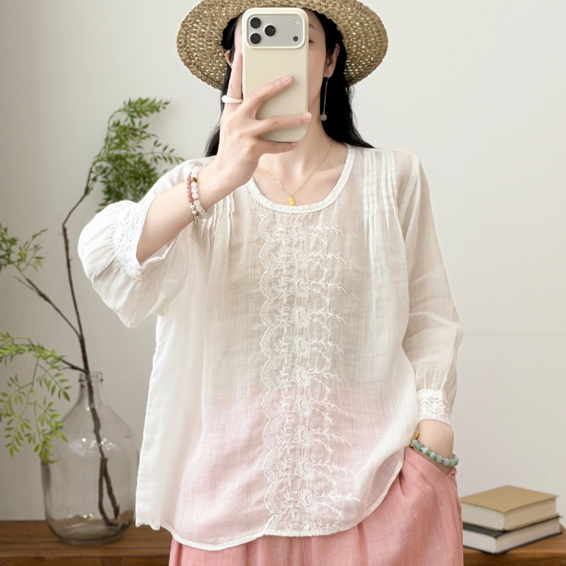 100% Ramie Slightly Sheer Vintage-Style Blouse for Women, 2026 Summer Embroidered Lace Back Design Shirt 100% Ramie Slightly Sheer Vintage-Style Blouse for Women, 2026 Summer Embroidered Lace Back Design Shirt