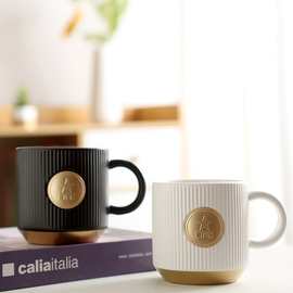 北欧ins陶瓷咖啡杯铜牌酒店牛奶杯竖条纹马克杯logo定 制水杯批发