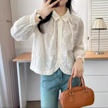 重工刺绣长袖衬衫小清新甜美翻领单排扣百搭宽松上衣女