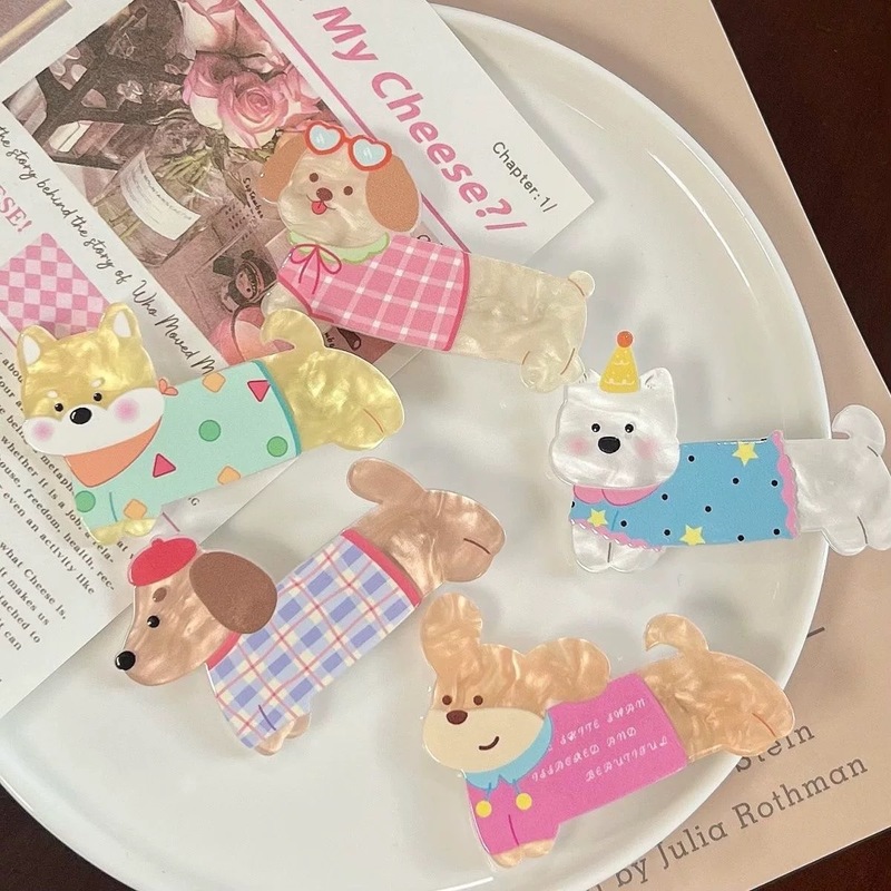 可爱狗狗发夹亚克力卡通少女心边夹刘海碎发鸭嘴夹子头饰碎发炫彩|undefined