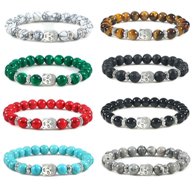 Tiger Eye Agate Turquoise Beads Bracelet Single Circle Buddha Head Beads Elastic Bracelet Men's and Women's Jewelry Cross-border Exclusive