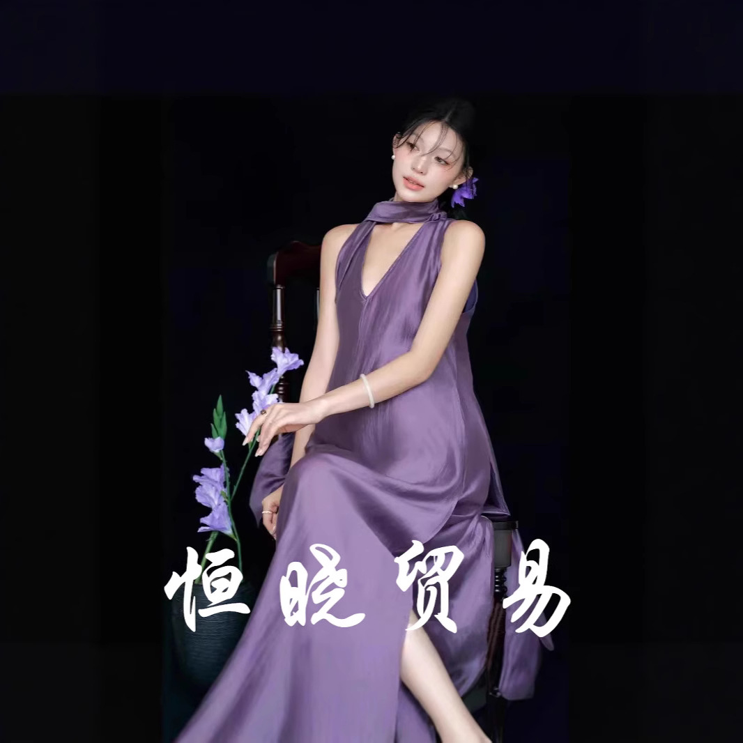 새로운 스튜디오 심플 스타일 스튜디오 임산부 사진 촬영 롱 스커트 순수한 욕망 스타일 보라색 드레스 임산부 큰 배 사진