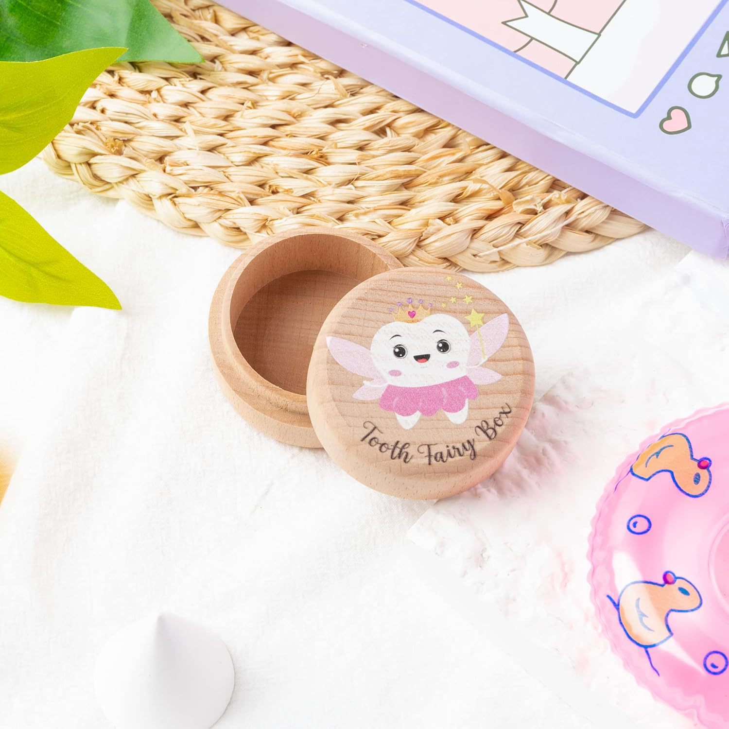 Caja de dientes de leche de almacenamiento de impresión uv, caja de hadas de dientes redondos, caja de madera de pelo de lanugo para bebés, caja de colección