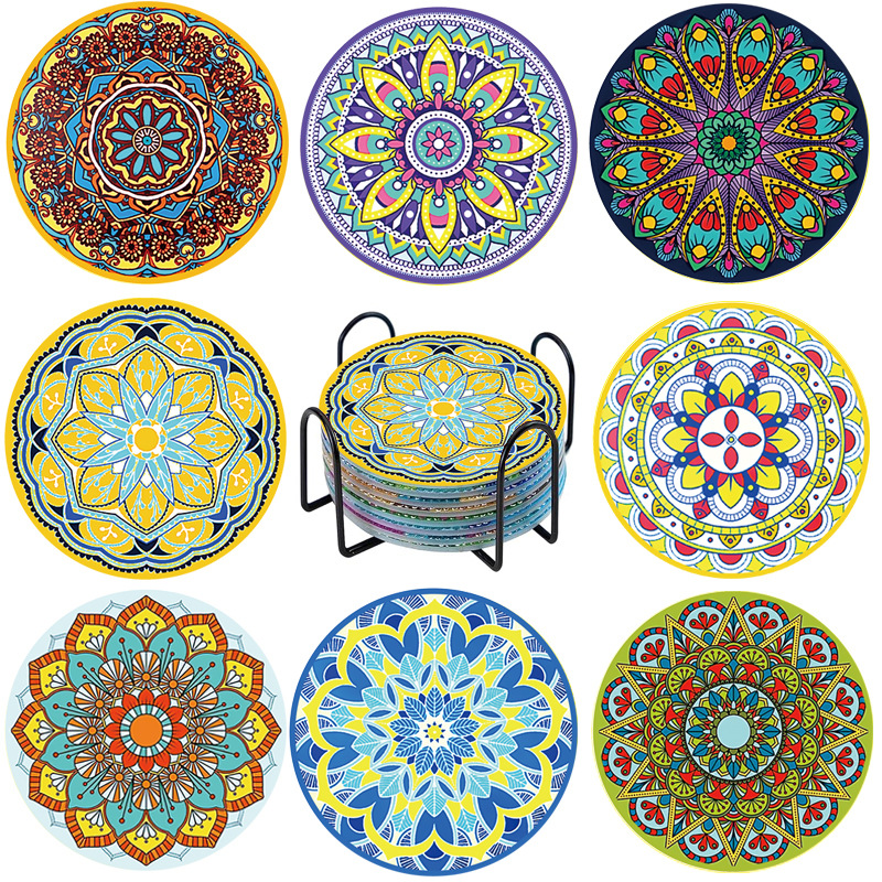 Taza de pintura de diamante personalizada almohadilla de taza de perforación completa almohadilla de aislamiento térmico redonda almohadilla de mesa de comedor de animales DIY forma especial almohadilla de taza con estante al por mayor