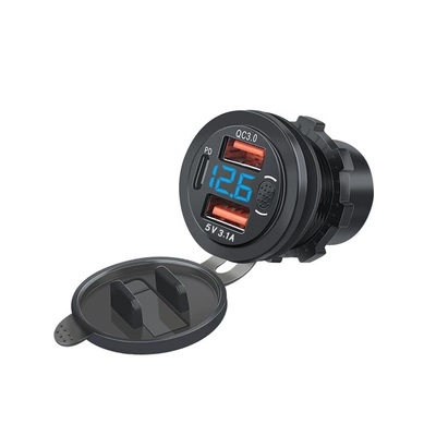 Universal car car cigarette lighter modified three-port charger with motorcycle charger QC + PD fast charge (Mobil şarj cihazları) - 3-port-dual-qc-single-pd-blue-voltmeter-with-switch-second-generation