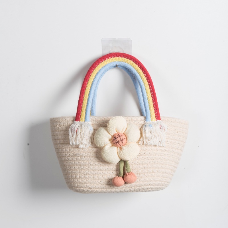 Bolsa de tejido artesanal arco iris, bolso de tejido de cuerda de algodón, bolso de tejido de flores pequeño, bolso de mano, bolso de mujer
