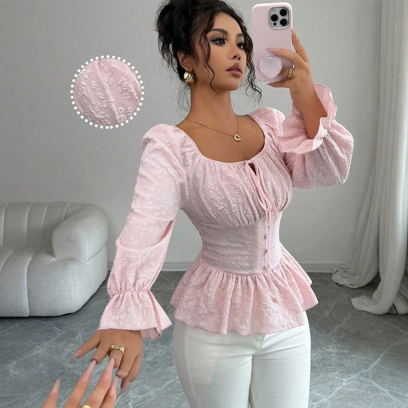 Ruihu Cross-Border Amazon Export French Design Shirt 2025 Autum New U-Neck Lace-Up Long-Sleeved Top