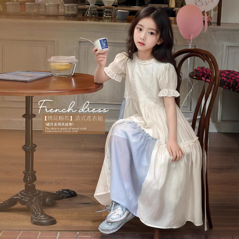 Summer Girls' dress Girls' Seaside Holiday Beach Skirt French Style Puff Sleeve Long Skirt Korean Style Big Boy Princess Skirt