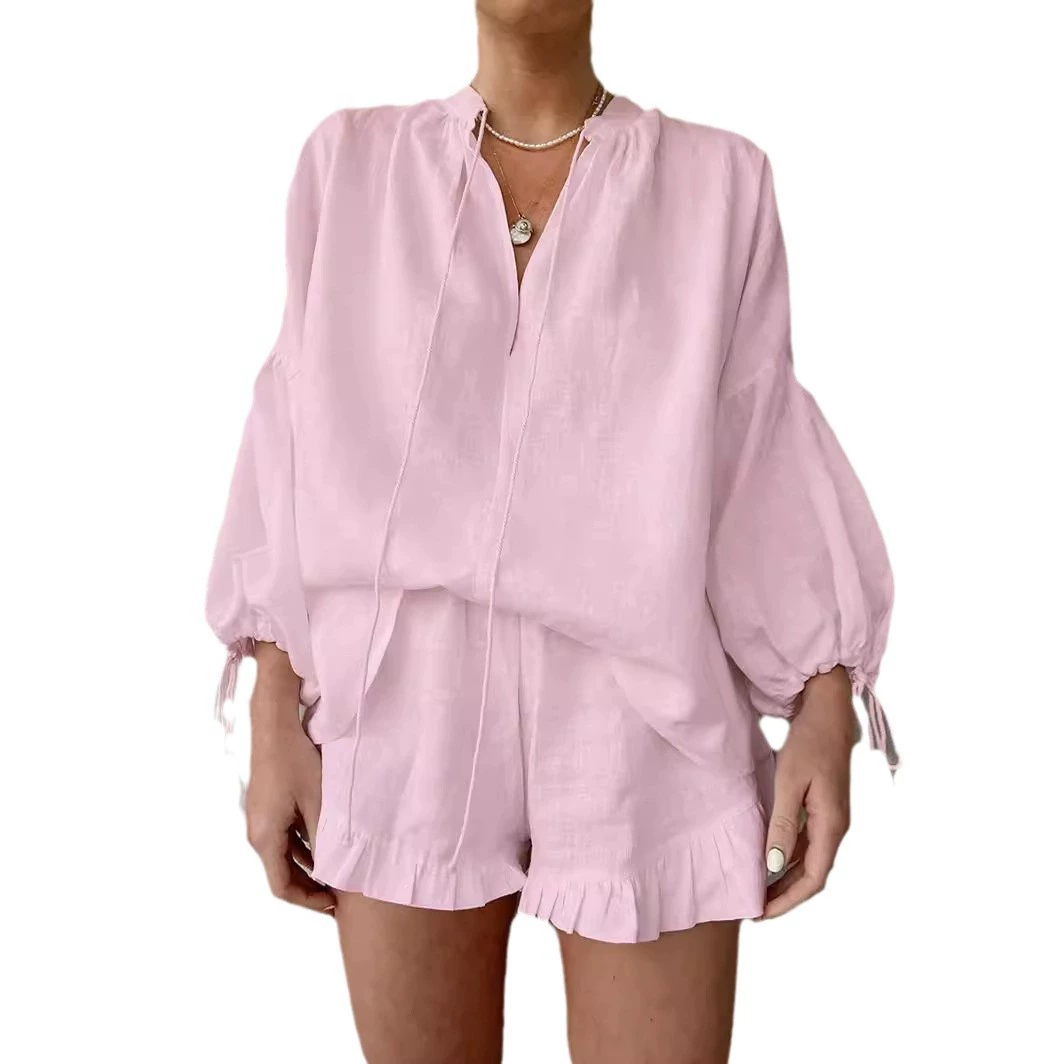 Summer Two-Piece Set, Cotton-Linen V-Neck Top & High-Waist Shorts, Women's S–XXL