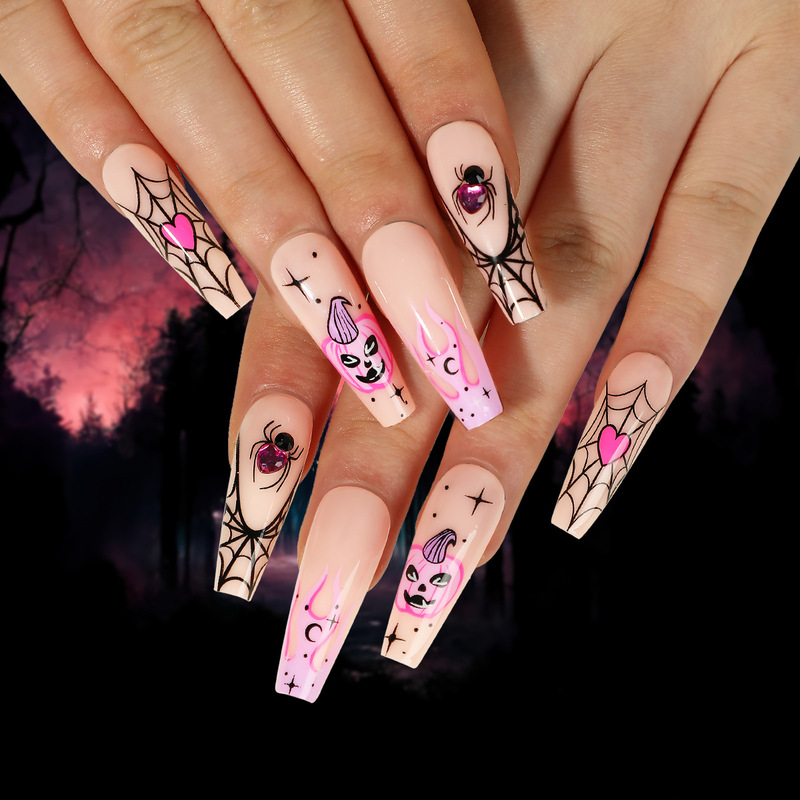Wear fake nail piece Halloween nail art pink flame French nail piece spider web Love Pumpkin spider nail patch Wear fake nail piece Halloween nail art pink flame French nail piece spider web Love Pumpkin spider nail patch