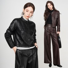 海宁皮衣女短款圆领单排扣植鞣2025新款绵羊皮夹克外套机车服潮