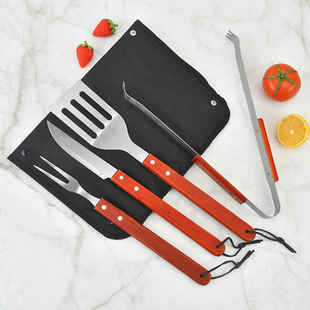 Spot Direct Sales Wooden Handle Bbq Barbecue Set Barbecue Clip Fork Shovel Knife Apron Oxford Bag Grill Five-Piece Set