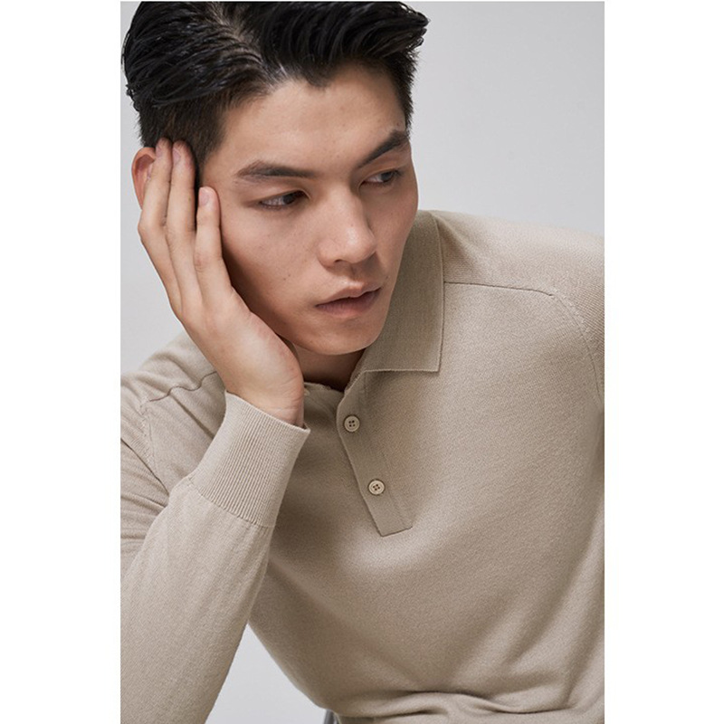 Autumn Men's Knitted Long Sleeve POLOShirt Pure Wool Pullover Button Collar Cardigan Fashionable Inner Sweater