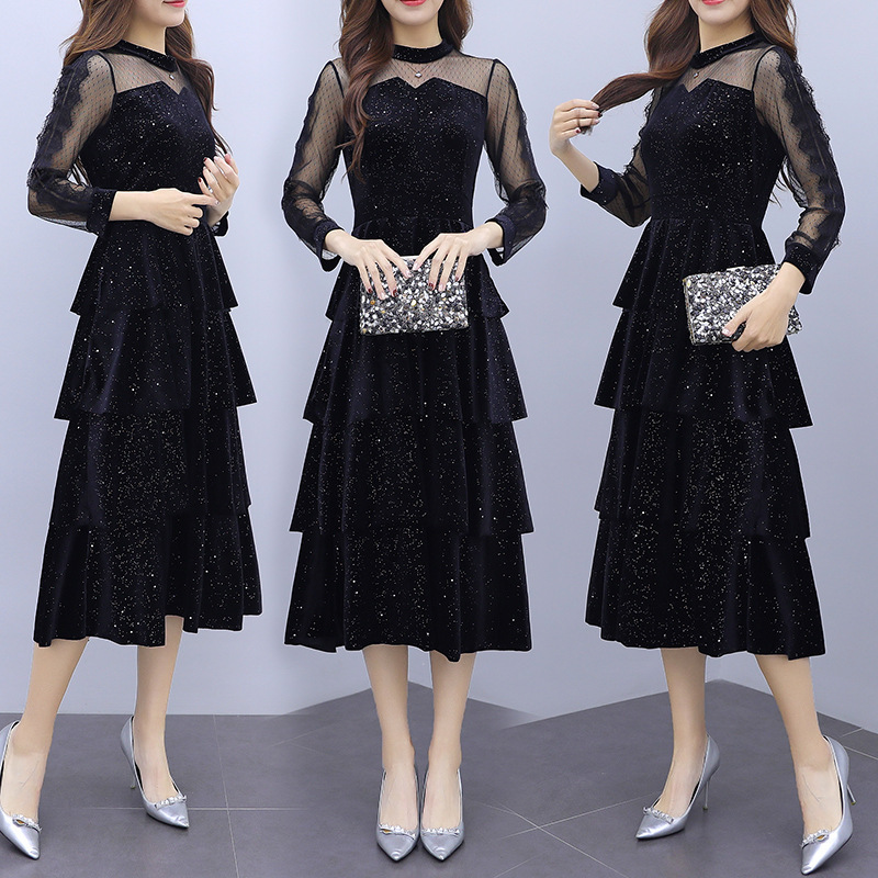 Women's Dress 2025 Spring and Autumn New Fashion Internet Celebrity Dress High-End Goddess Style Velvet Sequin Tiered Dress