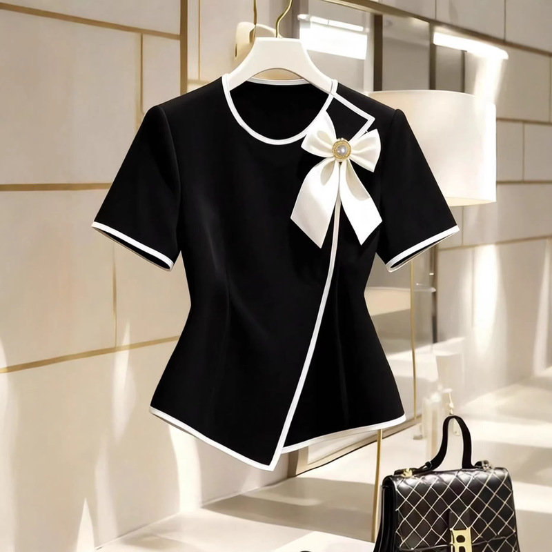 Cross-Border European and American Style Elegant Bow-Tie Collar Short-Sleeved Shirt with Asymmetrical Hem Design, Suitable for Office and Casual Occasions