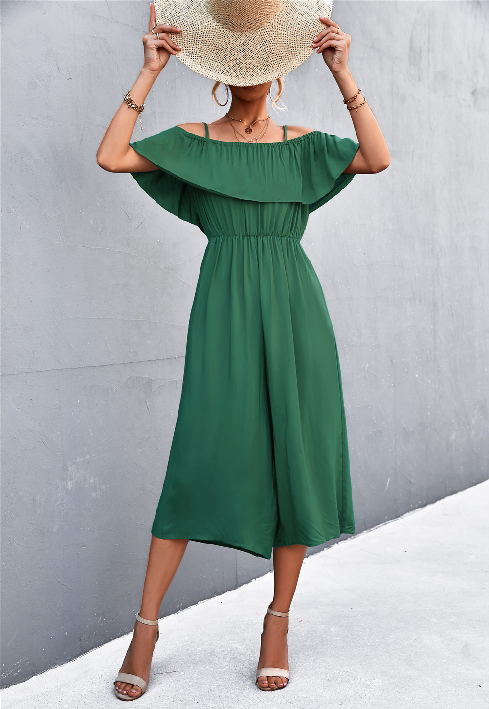 solid color ruffled word-shoulder loose wide-leg sling jumpsuit NSLNZ123631